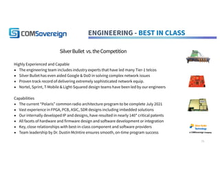 ENGINEERING - BEST IN CLASS
SilverBullet vs.theCompetition
Highly Experienced and Capable
▪ The engineering team includes industry experts that have led many Tier-1 telcos
▪ Silver Bullet has even aided Google & DoD in solving complex network issues
▪ Proven track record of delivering extremely sophisticated network equip.
▪ Nortel, Sprint, T-Mobile & Light-Squared design teams have been led by our engineers
Capabilities
▪ The current “Polaris” common radio architecture program to be complete July 2021
▪ Vast experience in FPGA, PCB, ASIC, SDR designs including imbedded solutions
▪ Our internally developed IP and designs, have resulted in nearly 140* critical patents
▪ All facets of hardware and firmware design and software development or integration
▪ Key, close relationships with best-in-class component and software providers
▪ Team leadership by Dr. Dustin McIntire ensures smooth, on-time program success
SilverBullet
Technology
15
 