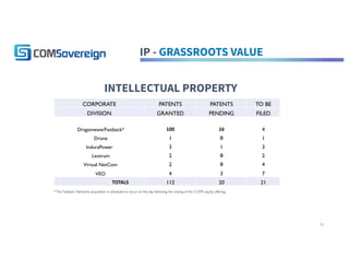 IP - GRASSROOTS VALUE
CORPORATE PATENTS PATENTS TO BE
DIVISION GRANTED PENDING FILED
Dragonwave/Fastback* 100 16 4
Drone 1 0 1
InduraPower 3 1 3
Lextrum 2 0 2
Virtual NetCom 2 0 4
VEO 4 3 7
TOTALS 112 20 21
*The Fastback Networks acquisition is scheduled to occur on the day following the closing of the COMS equity offering
INTELLECTUAL PROPERTY
16
 