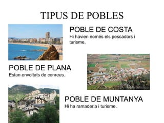 TIPUS DE POBLES
POBLE DE COSTA
Hi havien només els pescadors i
turisme.
POBLE DE PLANA
Estan envoltats de conreus.
POBLE DE MUNTANYA
Hi ha ramaderia i turisme.
 