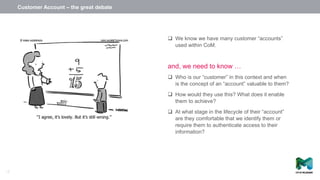  We know we have many customer “accounts”
used within CoM.
and, we need to know …
 Who is our “customer” in this context and when
is the concept of an “account” valuable to them?
 How would they use this? What does it enable
them to achieve?
 At what stage in the lifecycle of their “account”
are they comfortable that we identify them or
require them to authenticate access to their
information?
Customer Account – the great debate
18
 