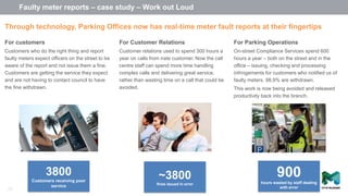 Faulty meter reports – case study – Work out Loud
29
For customers
Customers who do the right thing and report
faulty meters expect officers on the street to be
aware of the report and not issue them a fine.
Customers are getting the service they expect
and are not having to contact council to have
the fine withdrawn.
For Customer Relations
Customer relations used to spend 300 hours a
year on calls from irate customer. Now the call
centre staff can spend more time handling
complex calls and delivering great service,
rather than wasting time on a call that could be
avoided.
For Parking Operations
On-street Compliance Services spend 600
hours a year – both on the street and in the
office – issuing, checking and processing
infringements for customers who notified us of
faulty meters. 98.9% are withdrawn.
This work is now being avoided and released
productivity back into the branch.
~3800
fines issued in error
900hours wasted by staff dealing
with error
3800
Customers receiving poor
service
Through technology, Parking Offices now has real-time meter fault reports at their fingertips
 