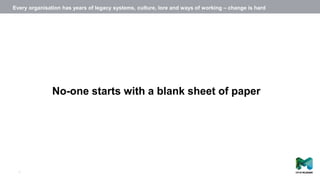 4
No-one starts with a blank sheet of paper
Every organisation has years of legacy systems, culture, lore and ways of working – change is hard
 