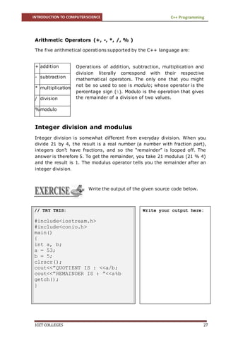 INTRODUCTION TO COMPUTERSCIENCE C++ Programming
ICCT COLLEGES 27
Operations of addition, subtraction, multiplication and
division literally correspond with their respective
mathematical operators. The only one that you might
not be so used to see is modulo; whose operator is the
percentage sign (%). Modulo is the operation that gives
the remainder of a division of two values.
Arithmetic Operators (+, -, *, /, % )
The five arithmetical operations supported by the C++ language are:
Integer division and modulus
Integer division is somewhat different from everyday division. When you
divide 21 by 4, the result is a real number (a number with fraction part),
integers don’t have fractions, and so the “remainder” is looped off. The
answer is therefore 5. To get the remainder, you take 21 modulus (21 % 4)
and the result is 1. The modulus operator tells you the remainder after an
integer division.
Write the output of the given source code below.
+ addition
- subtraction
* multiplication
/ division
%modulo
// TRY THIS:
#include<iostream.h>
#include<conio.h>
main()
{
int a, b;
a = 53;
b = 5;
clrscr();
cout<<”QUOTIENT IS : <<a/b;
cout<<”REMAINDER IS : ”<<a%b
getch();
}
Write your output here:
 