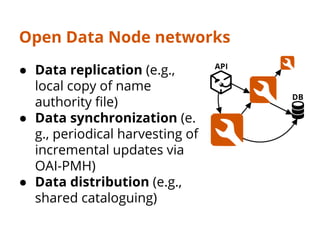 Open Data Node networks
● Data replication (e.g.,
local copy of name
authority file)
● Data synchronization (e.
g., period...