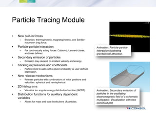 Particle Tracing Module

•   New built-in forces
     –   Brownian, thermophoretic, magnetophoretic, and Schiller-
         Naumann drag force.
•   Particle-particle interaction                                           Animation: Particle-particle
     –   For continuously acting forces: Coloumb, Lennard-Jones,            interaction illustrating
         and user defined.                                                  gravitational attraction.
•   Secondary emission of particles
     –   Emission may depend on incident velocity and energy.
•   Sticking expressions and coefficients
     –   Particle stick to walls with a given probability or user-defined
         expression.
•   New release mechanisms
     –   Release particles with combinations of initial positions and
         velocities: spherical and hemispherical.
•   2D histograms
     –   Visualize ion angular energy distribution function (IAEDF).        Animation: Secondary emission of
•   Distribution functions for auxiliary dependent                          particles in the oscillating
                                                                            electromagnetic field of a schematic
    variables
                                                                            multipactor. Visualization with new
     –   Allows for mass and size distributions of particles.
                                                                            comet tail plot.
 
