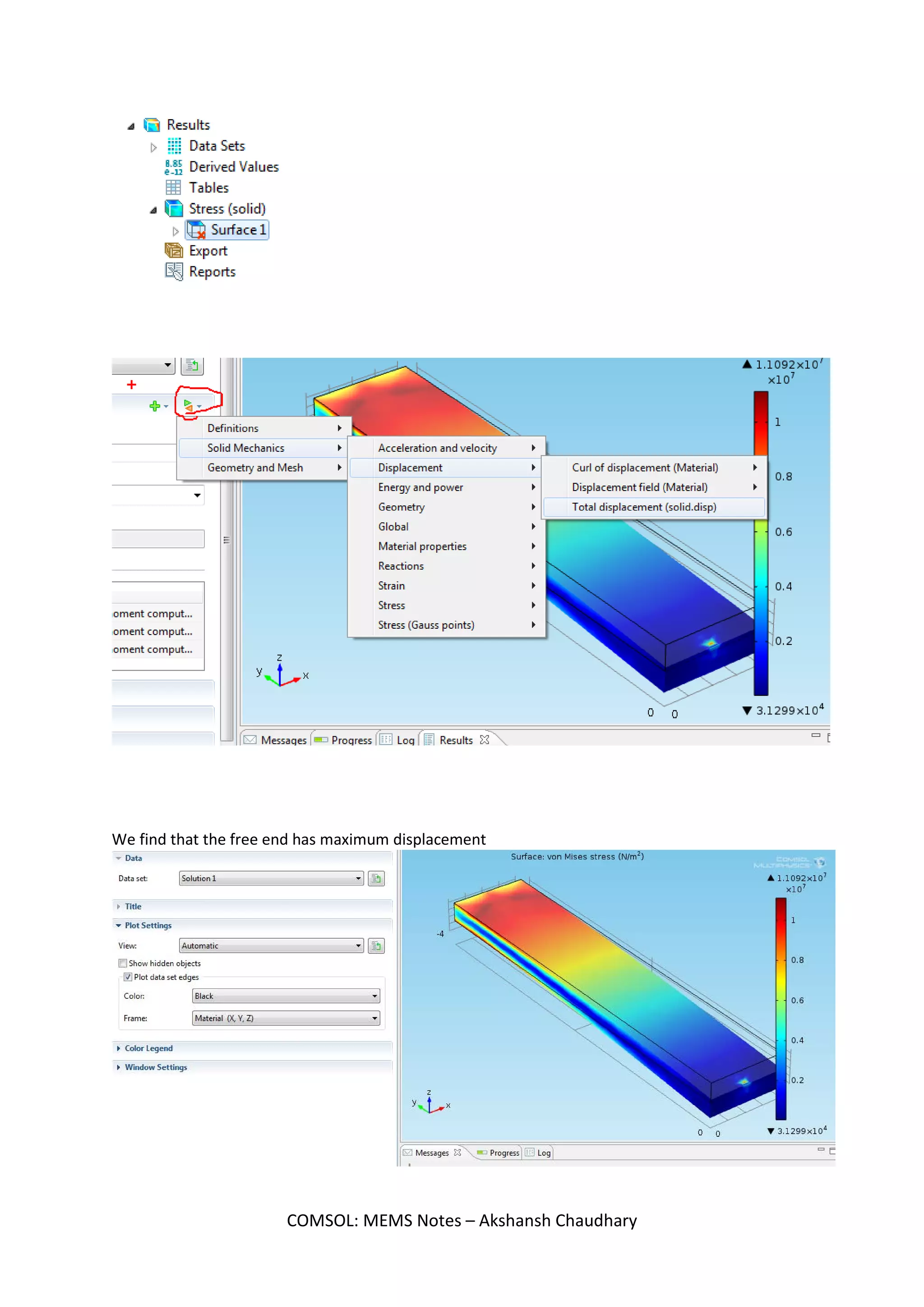 This makes the diagram colored
A strip tells the amount of stress and the details on that.
Which figure has the max stress - we get to know from the figure
COMSOL: MEMS Notes – Akshansh Chaudhary
 