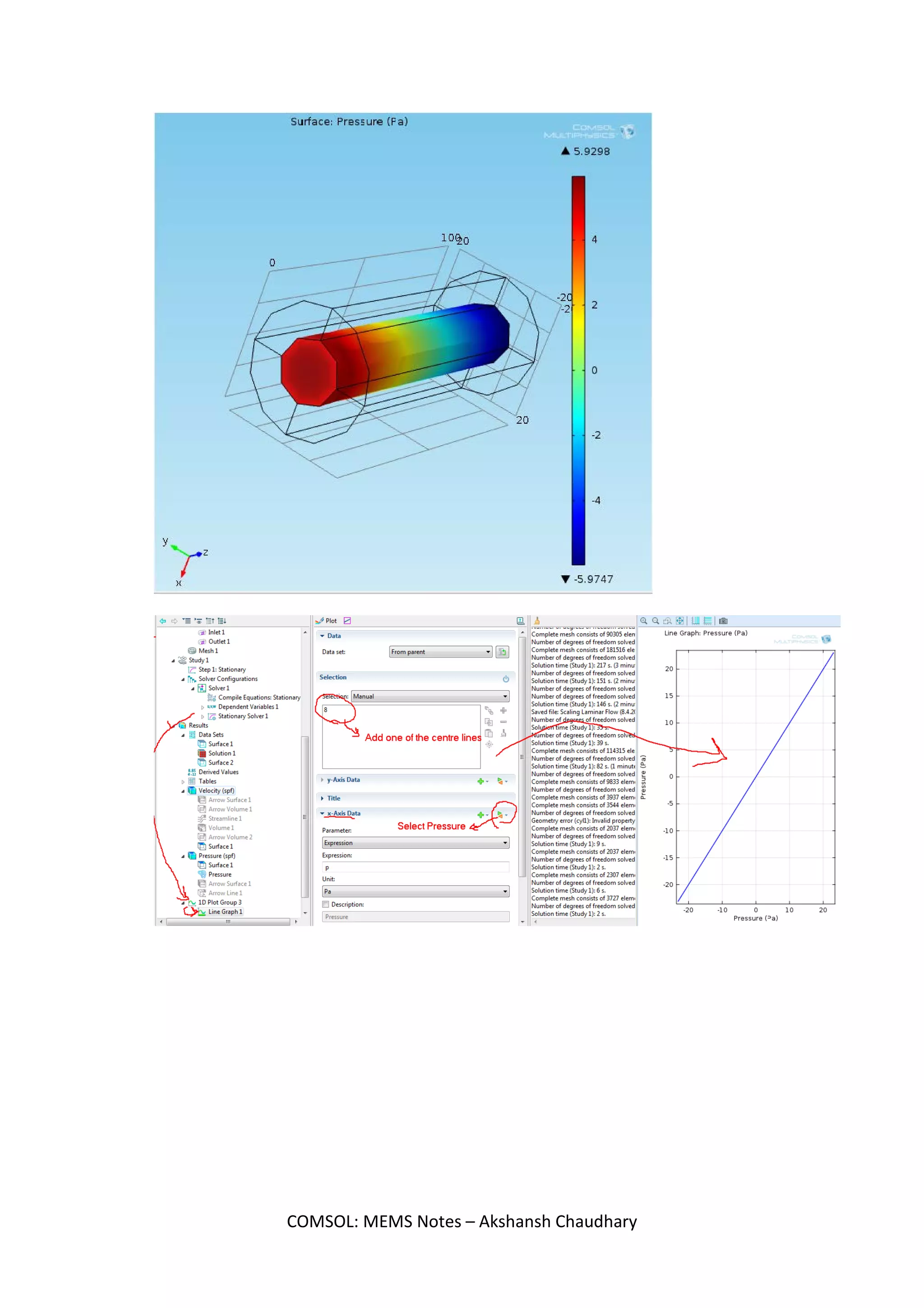 On changing the dimensions to 10um and 20um, we have this pressure.
(it decreases, as expected)
Radius is doubled (10um now)
So, by formula, Pressure is inversely proportional to the square of radius.
So, as radius is doubled, pressure is becoming 1/4 times.
COMSOL: MEMS Notes – Akshansh Chaudhary
 
