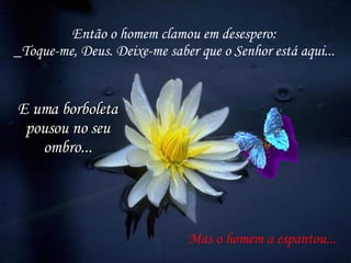 Então o homem clamou em desespero: _Toque-me, Deus. Deixe-me saber que o Senhor está aqui... Mas o homem a espantou... E uma borboleta pousou no seu ombro... 