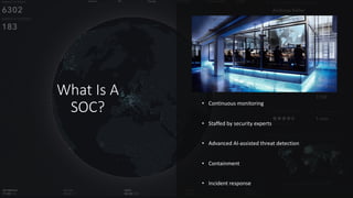 What Is A
SOC? • Continuous monitoring
• Staffed by security experts
• Advanced AI-assisted threat detection
• Containment
• Incident response
 
