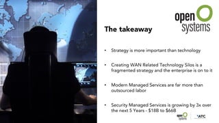 • Strategy is more important than technology
• Creating WAN Related Technology Silos is a
fragmented strategy and the enterprise is on to it
• Modern Managed Services are far more than
outsourced labor
• Security Managed Services is growing by 3x over
the next 5 Years - $18B to $66B
The takeaway
 