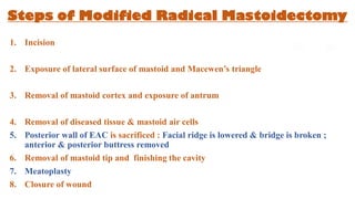 Steps of Modified Radical Mastoidectomy
1. Incision
2. Exposure of lateral surface of mastoid and Macewen’s triangle
3. Removal of mastoid cortex and exposure of antrum
4. Removal of diseased tissue & mastoid air cells
5. Posterior wall of EAC is sacrificed : Facial ridge is lowered & bridge is broken ;
anterior & posterior buttress removed
6. Removal of mastoid tip and finishing the cavity
7. Meatoplasty
8. Closure of wound
 