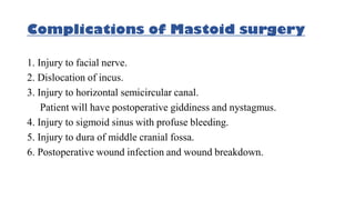 Complications of Mastoid surgery
1. Injury to facial nerve.
2. Dislocation of incus.
3. Injury to horizontal semicircular canal.
Patient will have postoperative giddiness and nystagmus.
4. Injury to sigmoid sinus with profuse bleeding.
5. Injury to dura of middle cranial fossa.
6. Postoperative wound infection and wound breakdown.
 