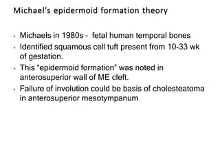 Michael’s epidermoid formation theory
⦁ Michaels in 1980s – fetal human temporal bones
⦁ Identified squamous cell tuft present from 10-33 wk
of gestation.
⦁ This “epidermoid formation” was noted in
anterosuperior wall of ME cleft.
⦁ Failure of involution could be basis of cholesteatoma
in anterosuperior mesotympanum
 