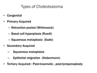 • Congenital
• Primary Acquired
– Retraction pocket (Wittmaack)
– Basal cell hyperplasia (Ruedi)
– Squamous metaplasia (Sade)
• Secondary Acquired
– Squamous metaplasia
– Epithelial migration (Habermann)
• Tertiary Acquired : Post-traumatic , post-tympanoplasty
Types of Cholesteatoma
 