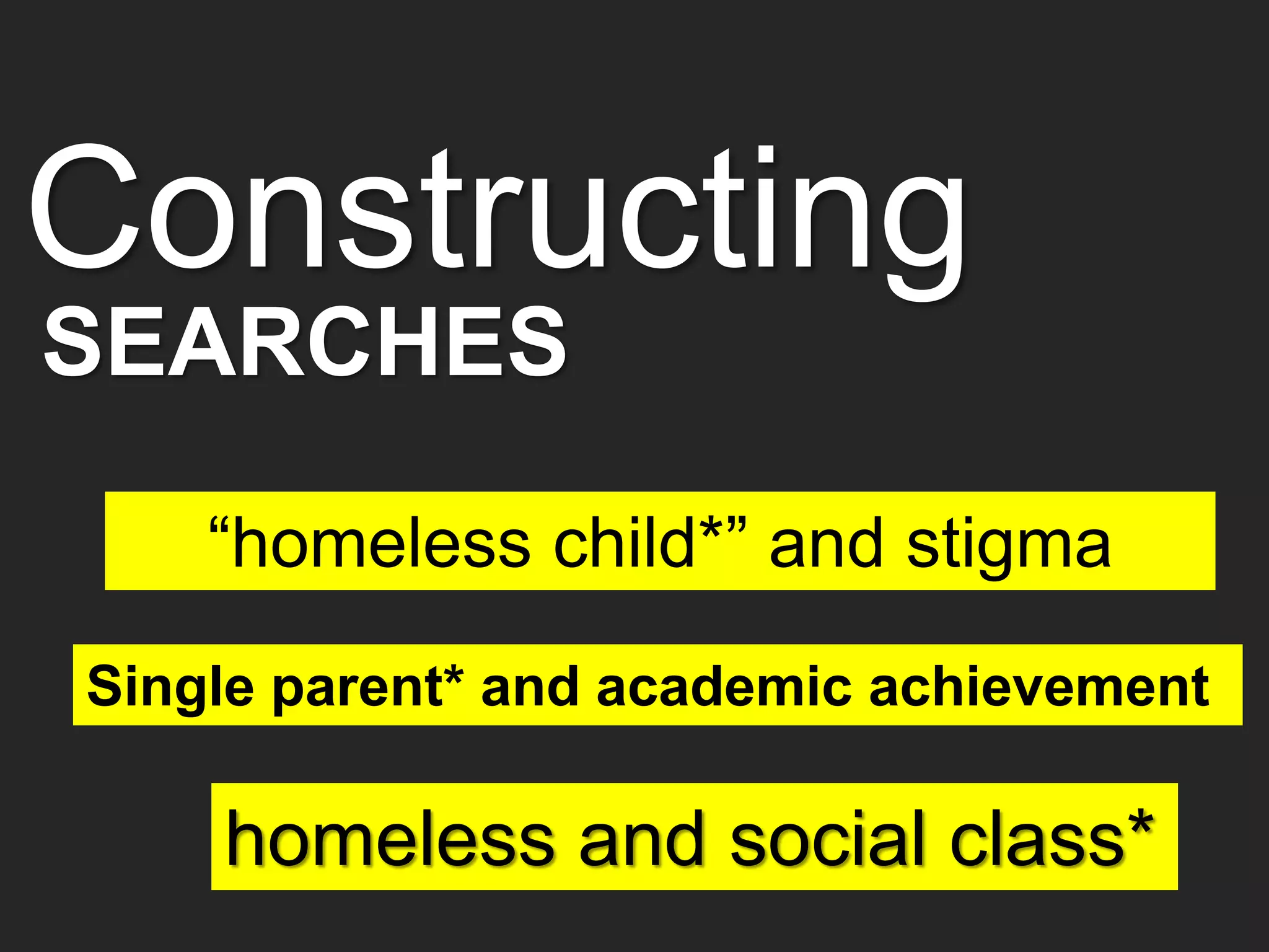 Constructing
“homeless child*” and stigma
Single parent* and academic achievement
homeless and social class*
SEARCHES
 