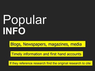 Popular
INFO
Blogs, Newspapers, magazines, media
If they reference research find the original research to cite
Timely information and first hand accounts
 