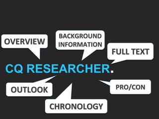 FULL TEXT
PRO/CON
CQ RESEARCHER.
OVERVIEW
BACKGROUND
INFORMATION
OUTLOOK
CHRONOLOGY
 