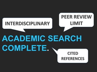 PEER REVIEW
LIMIT
CITED
REFERENCES
ACADEMIC SEARCH
COMPLETE.
INTERDISCIPLINARY
 