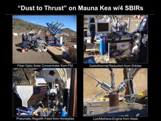 “Dust to Thrust” on Mauna Kea w/4 SBIRs




Fiber Optic Solar Concentrator from PSI   Carbothermal Reduction from Orbitec




Pneumatic Regolith Feed from Honeybee       Lox/Methane Engine from Wask
 
