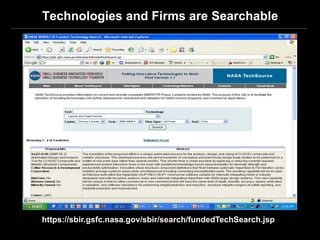 Technologies and Firms are Searchable




https://sbir.gsfc.nasa.gov/sbir/search/fundedTechSearch.jsp
 
