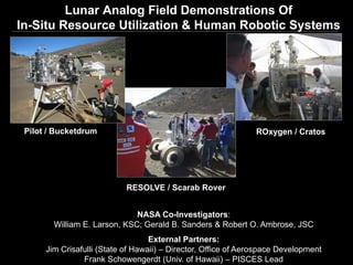 Lunar Analog Field Demonstrations Of
In-Situ Resource Utilization & Human Robotic Systems




 Pilot / Bucketdrum                                            ROxygen / Cratos




                            RESOLVE / Scarab Rover


                              NASA Co-Investigators:
        William E. Larson, KSC; Gerald B. Sanders & Robert O. Ambrose, JSC
                                   External Partners:
      Jim Crisafulli (State of Hawaii) – Director, Office of Aerospace Development
                Frank Schowengerdt (Univ. of Hawaii) – PISCES Lead
 