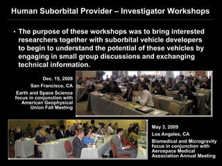 Human Suborbital Provider – Investigator Workshops

• The purpose of these workshops was to bring interested
 researchers together with suborbital vehicle developers
 to begin to understand the potential of these vehicles by
 engaging in small group discussions and exchanging
 technical information.
            Dec. 15, 2008
      San Francisco, CA
 Earth and Space Science
focus in conjunction with
   American Geophysical
       Union Fall Meeting



                                         May 3, 2009
                                         Los Angeles, CA
                                         Biomedical and Microgravity
                                         focus in conjunction with
                                         Aerospace Medical
                                         Association Annual Meeting
 