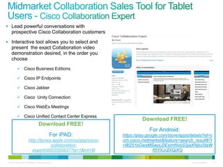© 2010 Cisco and/or its affiliates. All rights reserved. Cisco Confidential 20
 Lead powerful conversations with
prospective Cisco Collaboration customers
 Interactive tool allows you to select and
present the exact Collaboration video
demonstration desired, in the order you
choose
 Cisco Business Editions
 Cisco IP Endpoints
 Cisco Jabber
 Cisco Unity Connection
 Cisco WebEx Meetings
 Cisco Unified Contact Center Express
Download FREE!
For Android:
https://play.google.com/store/apps/details?id=c
om.cisco.midmarket&feature=search_result#?t
=W251bGwsMSwyLDEsImNvbS5jaXNjby5taW
RtYXJrZXQiXQ
Download FREE!
For iPAD:
http://itunes.apple.com/us/app/cisco-
collaboration-
expert/id553555637?ls=1&mt=8)
 