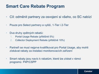Smart Care Rebate Program
• Cíl: odměnit partnery za osvojení si všeho, co SC nabízí
• Pouze pro Select partnery a vyšší, 1-Tier i 2-Tier
• Dva druhy zpětných rabatů:
1. Portal Usage Rebate (přibližně 5%)
2. Collector Deployment Rebate (přibližně 10%)
• Partneři se musí nejprve kvalifikovat pro Portal Usage, aby mohli
získávat rabaty za instalaci monitorovacích zařízení
• Smart rabaty jsou navíc k rabatům, které lze získat v rámci
programů P4P/CSPP
 