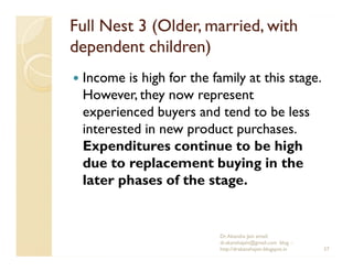 Full Nest 3 (Older, married, with
dependent children)
 Income is high for the family at this stage.
 However, they now rep...