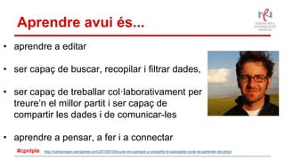 Aprendre avui és...
• aprendre a editar
• ser capaç de buscar, recopilar i filtrar dades,
• ser capaç de treballar col·laborativament per
treure’n el millor partit i ser capaç de
compartir les dades i de comunicar-les
• aprendre a pensar, a fer i a connectar
http://carlosmagro.wordpress.com/2015/07/04/curar-es-subrayar-y-compartir-lo-subrayado-curar-es-aprender-de-otros/#cpnlple
 