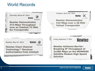 World Records
                    Tuesday, April 10th 2012




                    Newtec Demonstrates
                    310 Mbps over a 36 MHz
                    Yahsat Transponder




9
 