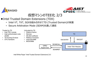 25
仮想マシンのTEE化 2/3
Intel Trusted Domain Extensions (TDX)
• Intel VT, TXT, SGXを組み合わせてTD (Trusted Domain)の保護
• Secure Arbitration Mode (SEAM)を通して通信
Trusted by TD
• Intel TDC module
• Intel authenticated code
(ACM)
• TD Quoting Enclave
• CPU hardware
Untrusted by TD
• Platform Admin
• Devices
• All other software
• Platform Firmware
• Host-OS/VMM
• BIOS/SMM
Intel White Paper “Intel Trusted Domain Extensions”より
VMM/
Hypervisor
Intel TDX Module
TD
SEAMCALL
SEAMRET
VM ENTRY VM EXIT
 