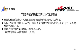 30
TEEの仮想化のチャンスと課題
TEEの仮想化はハードが出た段階で実装研究のチャンスがある。
但し、先にTEEのシステムソフト実装の多様性を⾒せたようにインターフェースの混
乱が予想される。
実際の活⽤のためには統⼀規格が必要。
ここが規格争いの主戦場︖（後述)
 