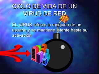 CICLO DE VIDA DE UN
VIRUS DE RED
EL VIRUS infecta la máquina de un
usuario y se mantiene latente hasta su
activación

 