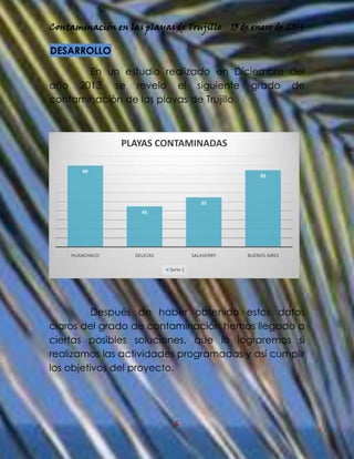 Contaminación en las playas de Trujillo

13 de enero de 2014

DESARROLLO
En un estudio realizado en Diciembre del
año 2013, se revelo el siguiente grado de
contaminación de las playas de Trujillo.

PLAYAS CONTAMINADAS
90

85

55
45

HUANCHACO

DELICIAS

SALAVERRY

BUENOS AIRES

Serie 1

Después de haber obtenido estos datos
claros del grado de contaminación hemos llegado a
ciertas posibles soluciones, que lo lograremos si
realizamos las actividades programadas y así cumplir
los objetivos del proyecto.

6

 