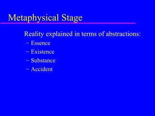 Metaphysical Stage
   Reality explained in terms of abstractions:
    –   Essence
    –   Existence
    –   Substance
    –   Accident
 