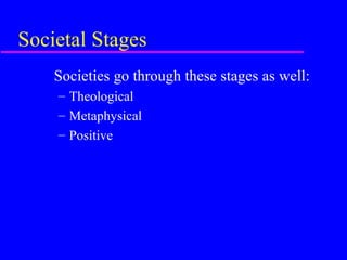 Societal Stages
    Societies go through these stages as well:
    – Theological
    – Metaphysical
    – Positive
 