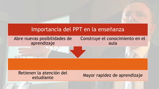 Retienen la atención del
estudiante
Mayor rapidez de aprendizaje
Importancia del PPT en la enseñanza
Abre nuevas posibilidades de
aprendizaje
Construye el conocimiento en el
aula
 