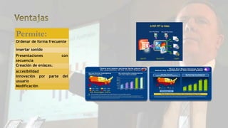 Permite:
Ordenar de forma frecuente
insertar sonido
Presentaciones con
secuencia
Creación de enlaces.
accesibilidad
Innovación por parte del
usuario
Modificación
 