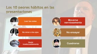 Leer las notas
No mirar a los ojos
Vestir
inadecuadamente
Moverse
nerviosamente
No ensayar
Cuadrarse
 