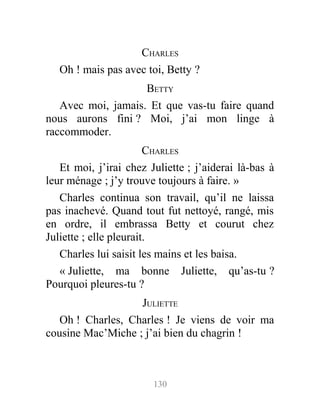 CHARLES
Oh ! mais pas avec toi, Betty ?
BETTY
Avec moi, jamais. Et que vas-tu faire quand
nous aurons fini ? Moi, j’ai mon linge à
raccommoder.
CHARLES
Et moi, j’irai chez Juliette ; j’aiderai là-bas à
leur ménage ; j’y trouve toujours à faire. »
Charles continua son travail, qu’il ne laissa
pas inachevé. Quand tout fut nettoyé, rangé, mis
en ordre, il embrassa Betty et courut chez
Juliette ; elle pleurait.
Charles lui saisit les mains et les baisa.
« Juliette, ma bonne Juliette, qu’as-tu ?
Pourquoi pleures-tu ?
JULIETTE
Oh ! Charles, Charles ! Je viens de voir ma
cousine Mac’Miche ; j’ai bien du chagrin !
130
 