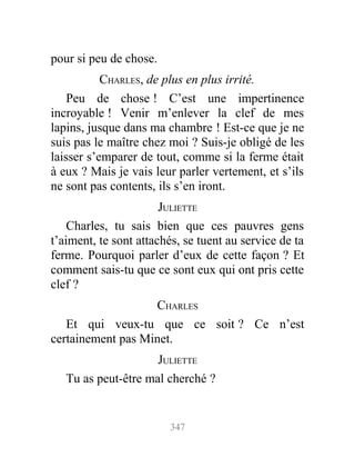 pour si peu de chose.
CHARLES, de plus en plus irrité.
Peu de chose ! C’est une impertinence
incroyable ! Venir m’enlever la clef de mes
lapins, jusque dans ma chambre ! Est-ce que je ne
suis pas le maître chez moi ? Suis-je obligé de les
laisser s’emparer de tout, comme si la ferme était
à eux ? Mais je vais leur parler vertement, et s’ils
ne sont pas contents, ils s’en iront.
JULIETTE
Charles, tu sais bien que ces pauvres gens
t’aiment, te sont attachés, se tuent au service de ta
ferme. Pourquoi parler d’eux de cette façon ? Et
comment sais-tu que ce sont eux qui ont pris cette
clef ?
CHARLES
Et qui veux-tu que ce soit ? Ce n’est
certainement pas Minet.
JULIETTE
Tu as peut-être mal cherché ?
347
 