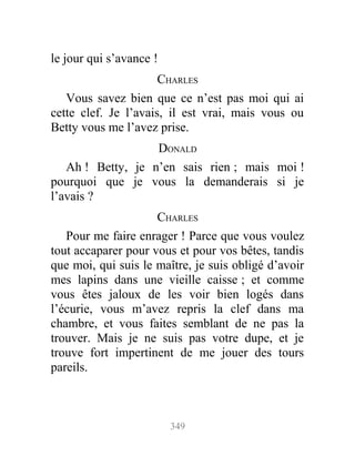 le jour qui s’avance !
CHARLES
Vous savez bien que ce n’est pas moi qui ai
cette clef. Je l’avais, il est vrai, mais vous ou
Betty vous me l’avez prise.
DONALD
Ah ! Betty, je n’en sais rien ; mais moi !
pourquoi que je vous la demanderais si je
l’avais ?
CHARLES
Pour me faire enrager ! Parce que vous voulez
tout accaparer pour vous et pour vos bêtes, tandis
que moi, qui suis le maître, je suis obligé d’avoir
mes lapins dans une vieille caisse ; et comme
vous êtes jaloux de les voir bien logés dans
l’écurie, vous m’avez repris la clef dans ma
chambre, et vous faites semblant de ne pas la
trouver. Mais je ne suis pas votre dupe, et je
trouve fort impertinent de me jouer des tours
pareils.
349
 