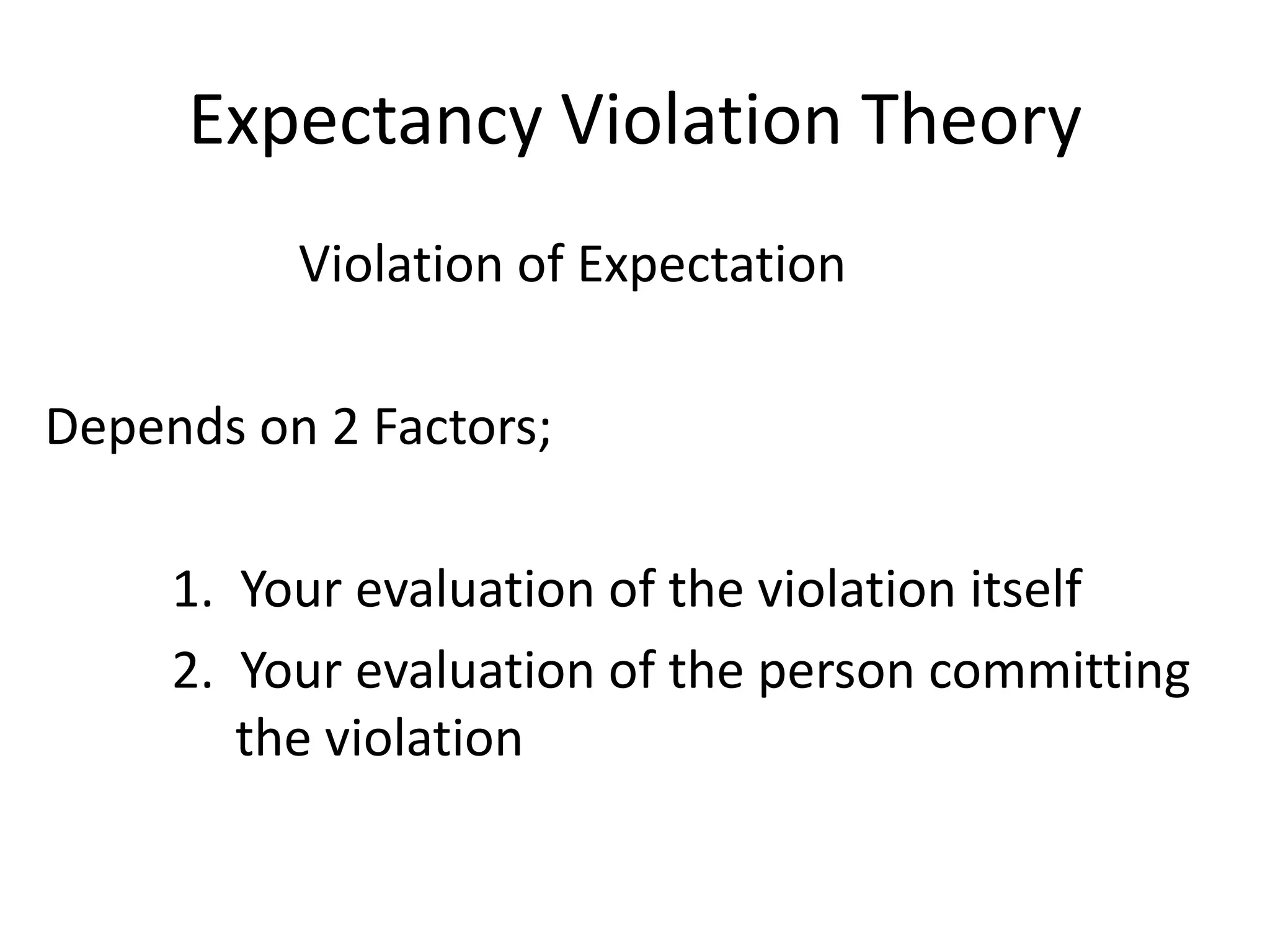 Expectancy Violation Theory
          Violation of Expectation

Depends on 2 Factors;

     1. Your evaluation of the violation itself
     2. Your evaluation of the person committing
        the violation
 