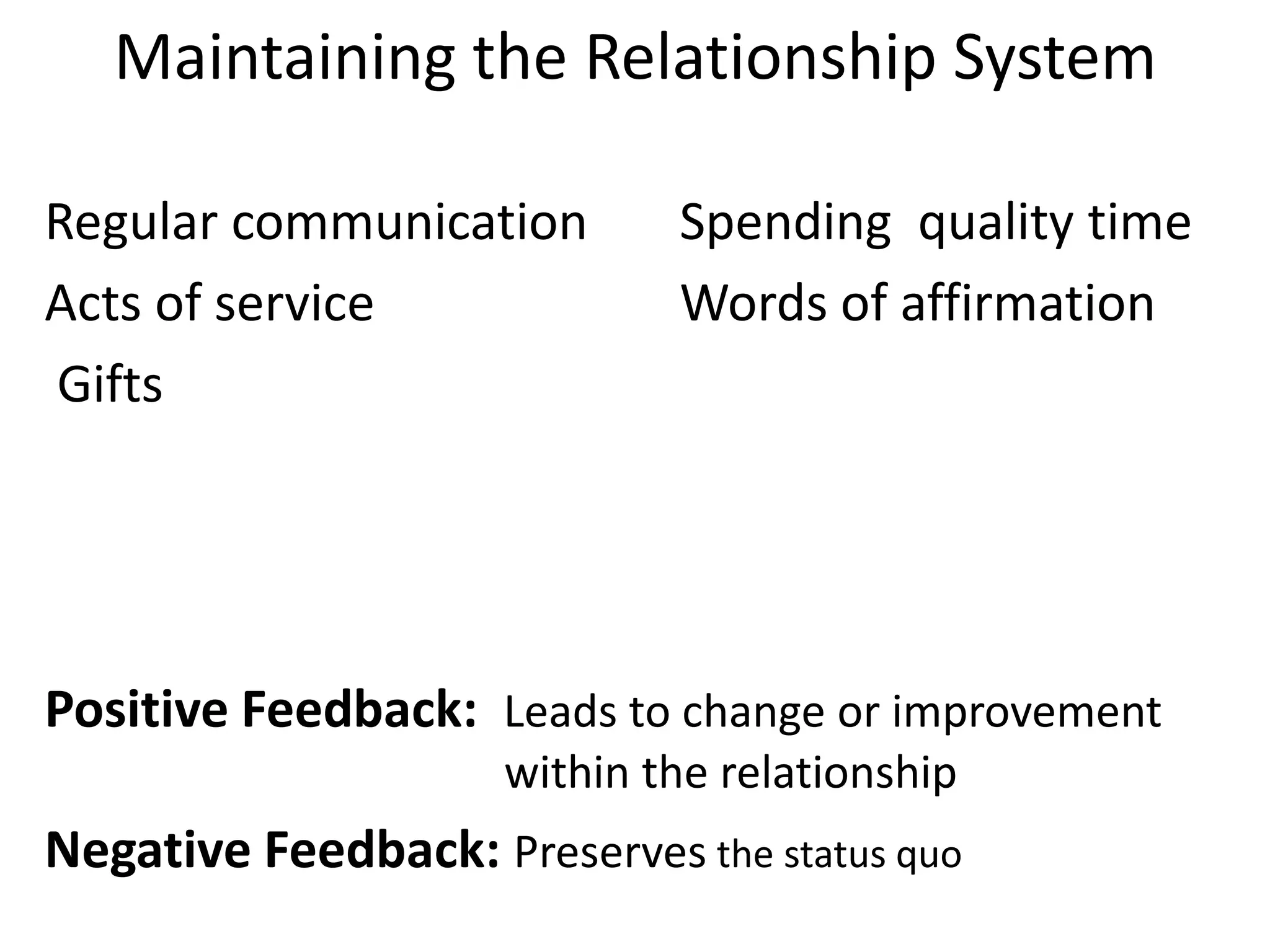Maintaining the Relationship System

Regular communication        Spending quality time
Acts of service              Words of affirmation
Gifts




Positive Feedback: Leads to change or improvement
                     within the relationship
Negative Feedback: Preserves the status quo
 