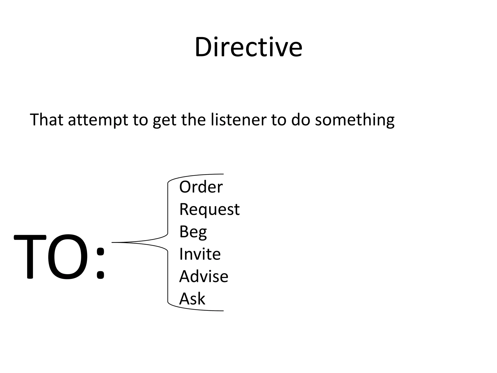 Directive

That attempt to get the listener to do something


                   Order
                   Request
                   Beg

TO:                Invite
                   Advise
                   Ask
 