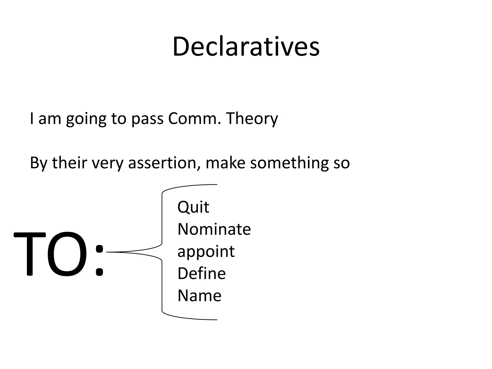 Declaratives

I am going to pass Comm. Theory

By their very assertion, make something so

                   Quit
                   Nominate

TO:                appoint
                   Define
                   Name
 