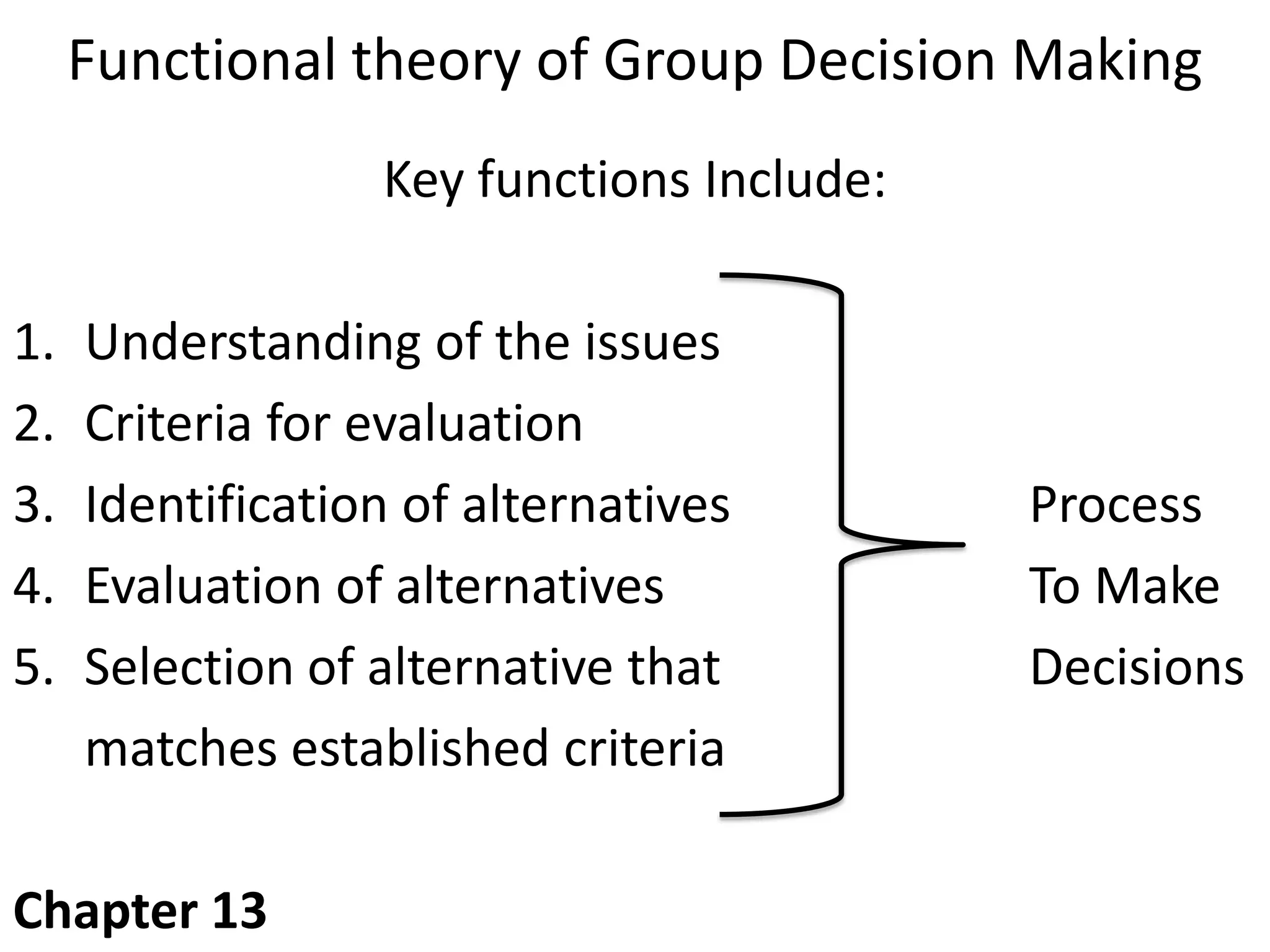 Functional theory of Group Decision Making
                  Key functions Include:

1.   Understanding of the issues
2.   Criteria for evaluation
3.   Identification of alternatives        Process
4.   Evaluation of alternatives            To Make
5.   Selection of alternative that         Decisions
     matches established criteria

Chapter 13
 