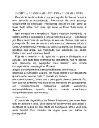 SIGNIFICA ABANDONAR O EGO PARA ADORAR A DEUS.
Quando se sentir tentado a usar pornografia, lembre-se de que é
uma tentação à autoadoração. Precisamos de uma mudança
fundamental de orientação. Precisamos passar de agir como se
fosse “tudo sobre mim” para agir como se fosse “tudo sobre ti,
Senhor”.
Isso começa com reverência. Nosso segundo ingrediente na
batalha contra a pornografia é uma reverência a Deus — um desejo
por Deus decorrente da confiança de que ele oferece mais que a
pornografia. Em vez de adorar a nós mesmos, devemos adorar a
Deus. Considere seus méritos, seu valor, sua glória, sua beleza, sua
bondade, sua graça, sua majestade, sua santidade, seu poder.
Então, quem você vai adorar hoje?
Fuja de si mesmo — do egoísmo — para a abnegação e o
serviço. Para cada falsa promessa da pornografia, não há apenas
uma promessa do evangelho, mas também uma virtude
correspondente do evangelho. Mova-se
à ação: ao compromisso, à responsabilidade, ao serviço, à
paciência, à humildade, à glória. Há muita alegria a ser descoberta
quando se faz a coisa certa. É hora de ser homem
(se você é homem!). Vimos que a pornografia oferece potência. Faz
com que nos sintamos viris. Mas eis os momentos em que podemos
ser verdadeiramente masculinos: quando assumimos
responsabilidades, quando lutamos, quando encontramos
companheiros para lutar conosco.
Diagnóstico
O quadro de diagnósticos na Tabela 3 resume o que vimos. Nem
tudo se aplicará a você. Essa tabela foi desenvolvida para ajudar a
identificar as raízes de seu hábito de pornografia. Onde você está
nesta tabela? Que remédio ela sugere para seu hábito de
pornografia?
 