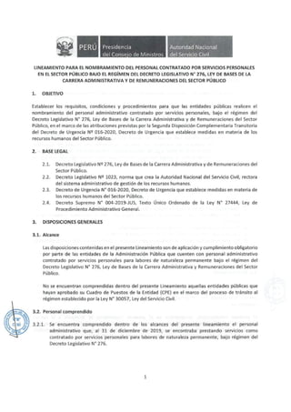 Presidencia
del Conse·o de Ministros
Autoridad Nacional
del Servicio Civil
LINEAMIENTO PARA EL NOMBRAMIENTO DEL PERSONAL CONTRATADO POR SERVICIOS PERSONALES
EN EL SECTOR PÚBLICO BAJO EL REGÍMEN DEL DECRETO LEGISLATIVO Nº 276, LEY DE BASES DE LA
CARRERA ADMINISTRATIVA Y DE REMUNERACIONES DEL SECTOR PÚBLICO
l. OBJETIVO
Establecer los requisitos, condiciones y procedimientos para que las entidades públicas realicen el
nombramiento del personal administrativo contratado por servicios personales, bajo el régimen del
Decreto Legislativo Nº 276, Ley de Bases de la Carrera Administrativa y de Remuneraciones del Sector
Público, en el marco de las atribuciones previstas por la Segunda Disposición Complementaria Transitoria
del Decreto de Urgencia Nº 016-2020, Decreto de Urgencia que establece medidas en materia de los
recursos humanos del Sector Público.
2. BASE LEGAL
2.1. Decreto Legislativo Nº 276, Ley de Bases de la Carrera Administrativa y de Remuneraciones del
Sector Público.
2.2. Decreto Legislativo Nº 1023, norma que crea la Autoridad Nacional del Servicio Civil, rectora
del sistema administrativo de gestión de los recursos humanos.
2.3. Decreto de Urgencia N° 016-2020, Decreto de Urgencia que establece medidas en materia de
los recursos humanos del Sector Público.
2.4. Decreto Supremo N° 004-2019-JUS, Texto Único Ordenado de la Ley N° 27444, Ley de
Procedimiento Administrativo General.
3. DISPOSICIONES GENERALES
3.1. Alcance
Las disposiciones contenidas en el presente Lineamiento son de aplicación y cumplimiento obligatorio
por parte de las entidades de la Administración Pública que cuenten con personal administrativo
contratado por servicios personales para labores de naturaleza permanente bajo el régimen del
Decreto Legislativo N° 276, Ley de Bases de la Carrera Administrativa y Remuneraciones del Sector
Público.
No se encuentran comprendidas dentro del presente Lineamiento aquellas entidades públicas que
hayan aprobado su Cuadro de Puestos de la Entidad (CPE) en el marco del proceso de tránsito al
régimen establecido por la Ley N° 30057, Ley del Servicio Civil.
3.2. Personal comprendido
3.2.1. Se encuentra comprendido dentro de los alcances del presente lineamiento el personal
administrativo que, al 31 de diciembre de 2019, se encontraba prestando servicios como
contratado por servicios personales para labores de naturaleza permanente, bajo régimen del
Decreto Legislativo N° 276.
1
 